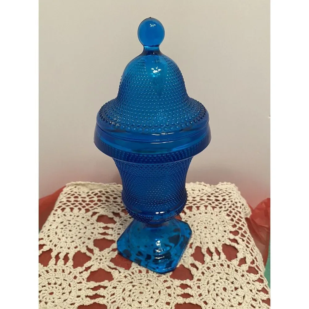 Blue Glass Lidded Apothecary Jar, Dot & Leaf Pattern, 10.5